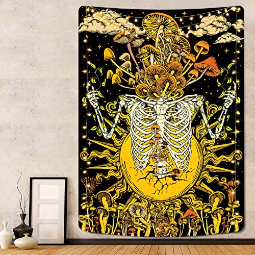 Mushroom Skeleton Tapestry Burning Sun Tapestries Hippie Plants Tapestry Vertical Leaves Tapestry Starry Sky Cloud Tapestry Wall Hanging For Room (51.2 X 59.1 Inches) #TOP30