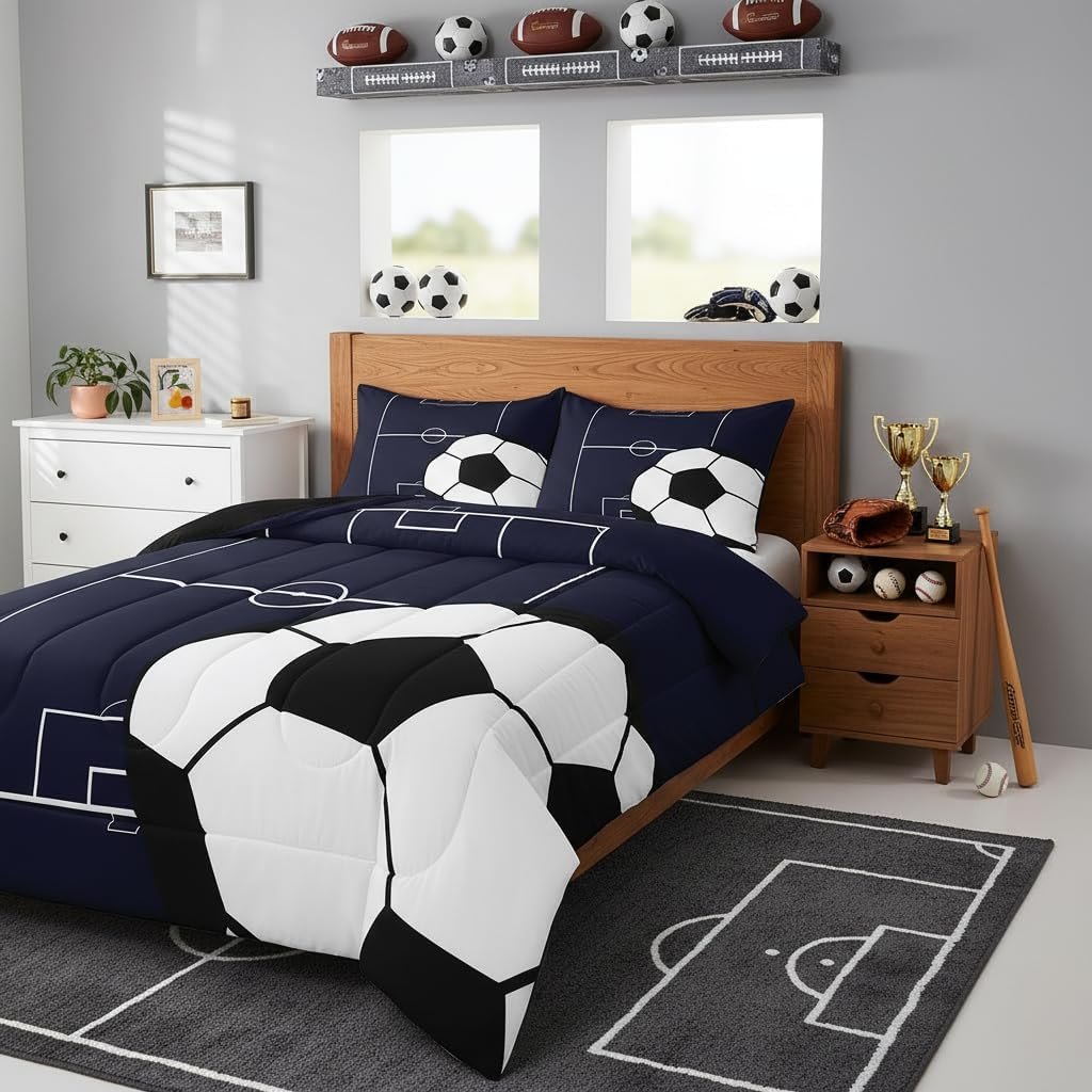 Erosebridal Football Comforter Set Queen Size Kids Soccer Bedding Set for Boys Girls Teens,Sports Theme Bed Comforter Sets Dark Blue Ball Gaming Quilt Bed Set Football Room Decor with 2 Pillowcases