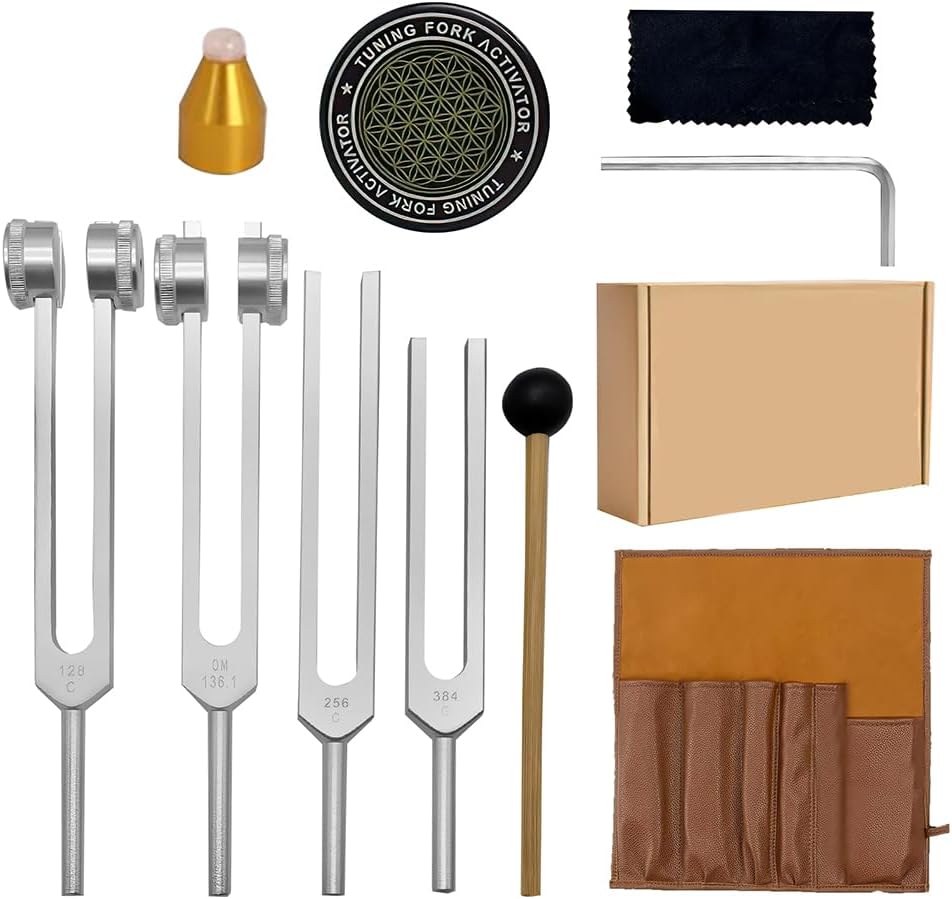Tuning Forks Set for Healing, 128Hz 136.1Hz 256Hz 384Hz Sound Therapy Tuning Fork with Activator, Aluminum Meditation Music Tools for Chakra Balancing, Stress Relief, Yoga, Sleep