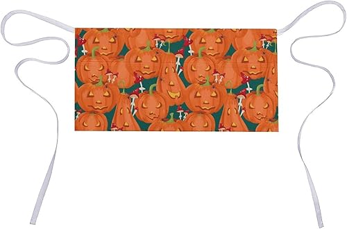 Miniatura 1 de RQZWDQ Divertido delantal de cintura con patrón de calabaza de Halloween con 3 bolsillos, medio corto, para camarero, restaurante, cocina,