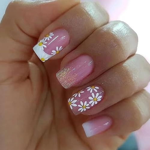 Uñas postizas a presión con punta francesa de flores blancas, uñas postizas cuadradas de longitud media, uñas postizas degradadas rosas con diseño