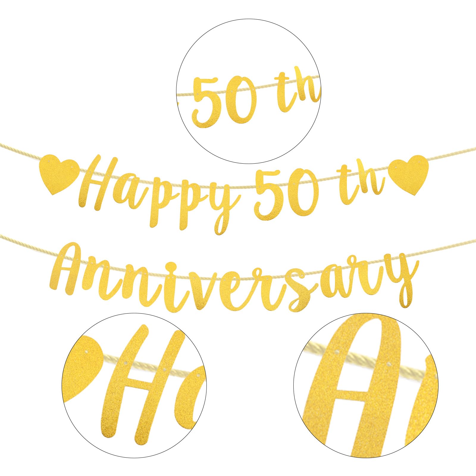 Luixenir Anniversary Decorations for 50th Golden Wedding Glitter Gold Happy Anniversary Banner for 50 Party Decorations for Couple and Parents - Image 3
