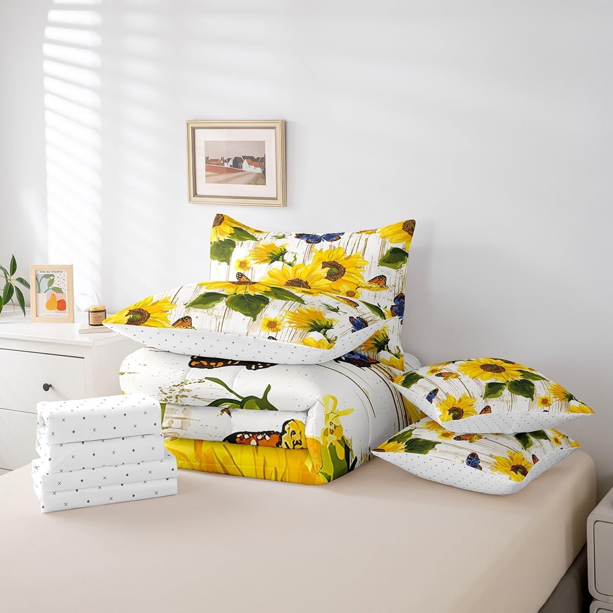 Feelyou Sunflower Comforter Set Twin Size 7 Pieces Flower Floral Print Bedding Set for All Season Butterfly Rustic Farmhouse Bed in a Bag with Comforter, Sheets, Pillowcases & Cushion Cover