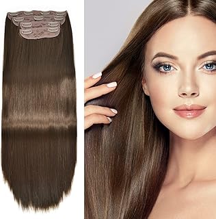 Clip In Hair Extensions 20 Inches Long Women Hair Piece Fluffy Synthetic Hair Extensions Soft BB Clip In Hair Weft Synthetic Hairpieces For Women Black Brown Blonde Colors (S4-straight wave(1Pack 4 Pieces), 8# Very Light Brown)