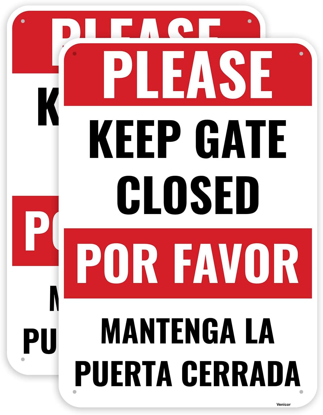 2PC Keep Gate Closed Sign Bilingual, 10 x 7 Inches - Aluminum - Please Close Gate Dog Sign