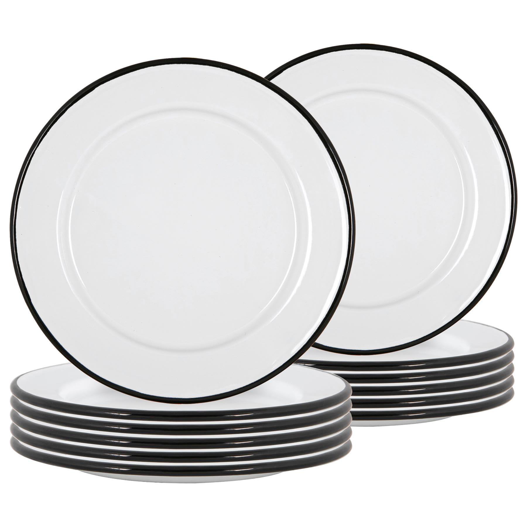 Argon Tableware Enamel Side Plates - 20cm (8inch) - Black - Set of 12 Small Dish Coloured Rim Dessert Plates Metal Enamel Tableware Dinner Set for Kitchen, Dining, Serving, Camping & Outdoor Use