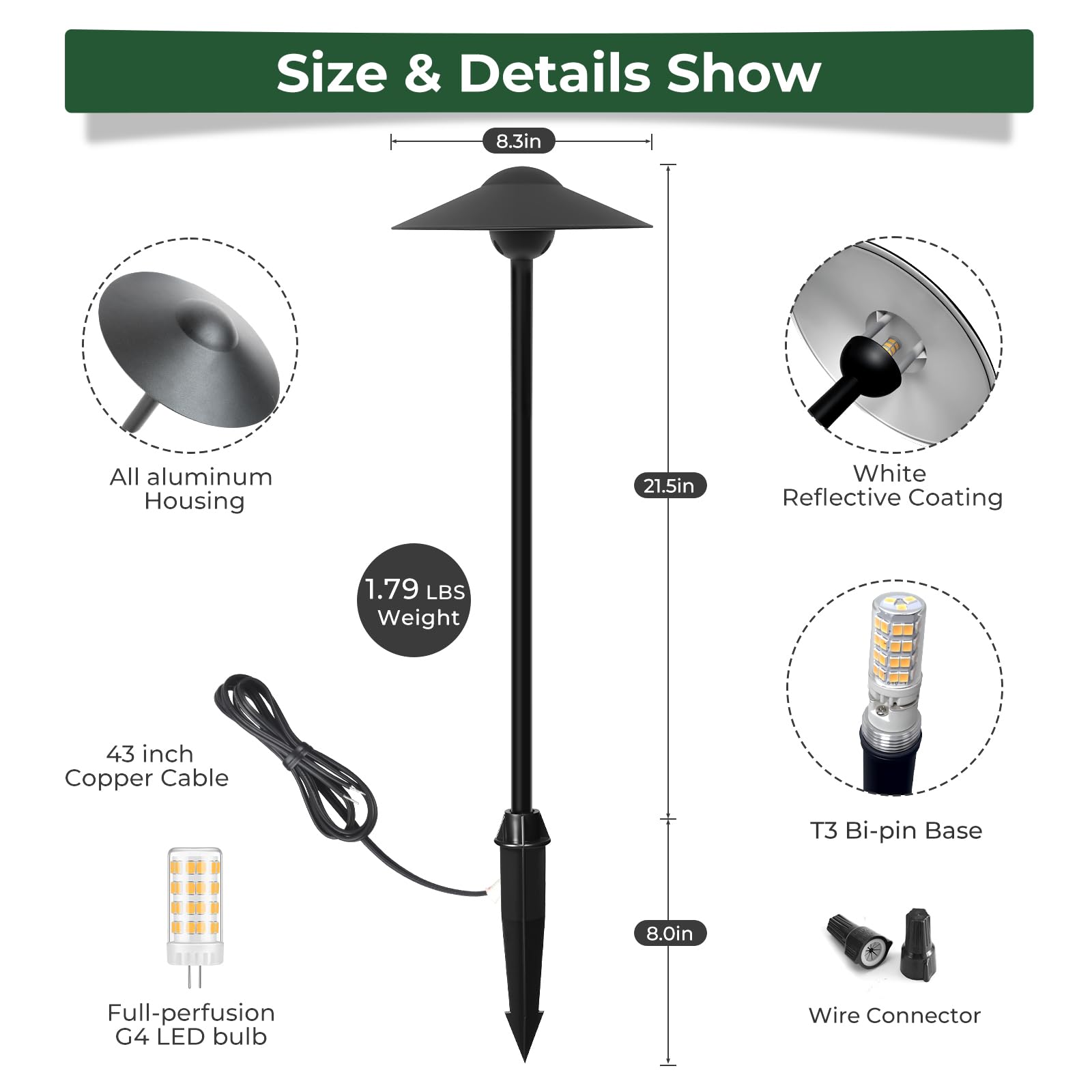 Gardencoin Niederspannungs-Wegeleuchten (21,6 cm Schirm, 54,8 cm hoch), 12 V LED-Landschaftsbeleuchtung für den Außenbereich, verdrahtet, Aluminium-Wegbeleuchtung mit 3 W, 2700 K, austauschbare