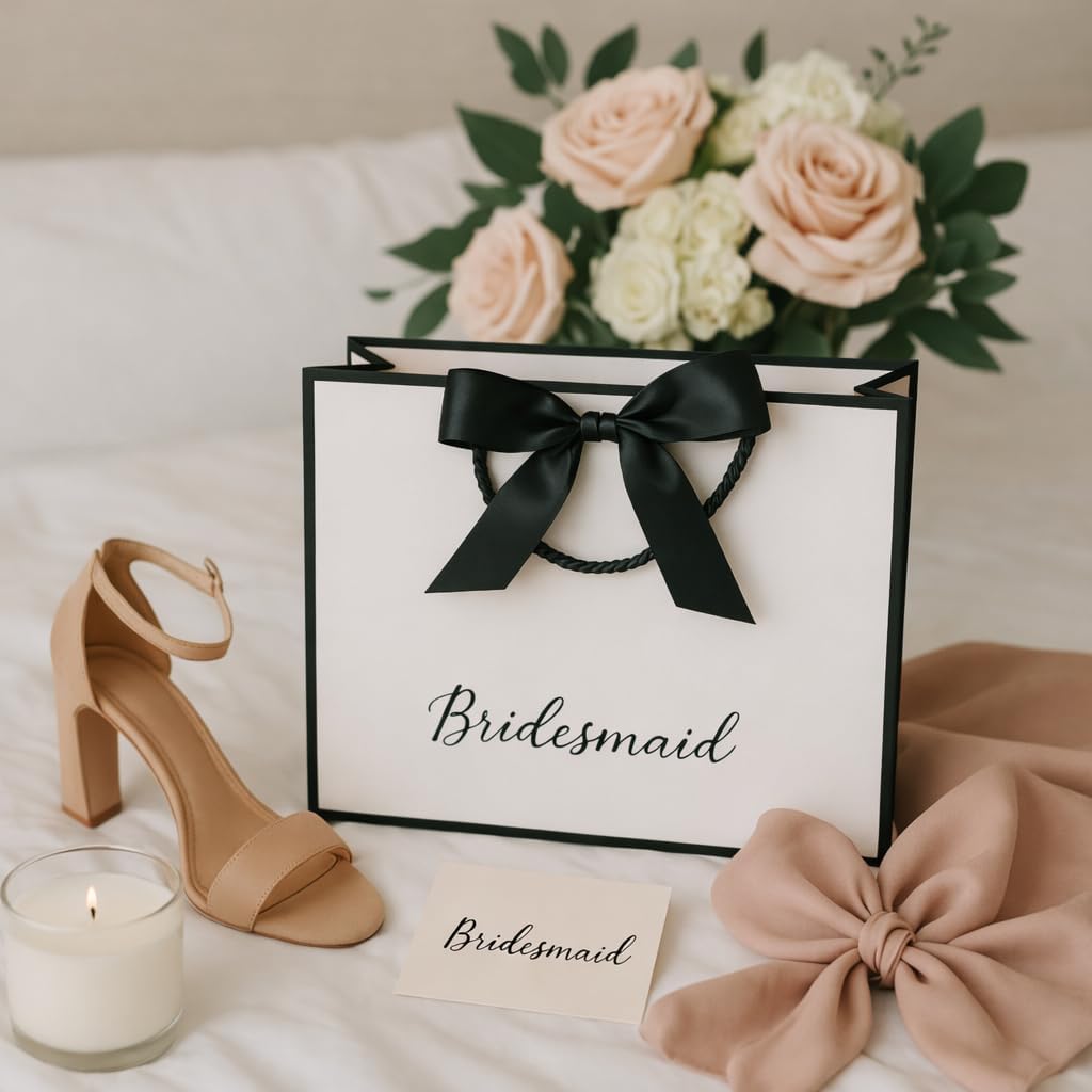 Luxury Black & White Gift Bags - Set of 8 Medium Size with Bow Ribbon and Gift Tags. Perfect for Bridesmaid Gifts, Welcome Bags for Wedding Guests, Bridal Shower Gift Bags, Corporate Events, Presents - Image 3
