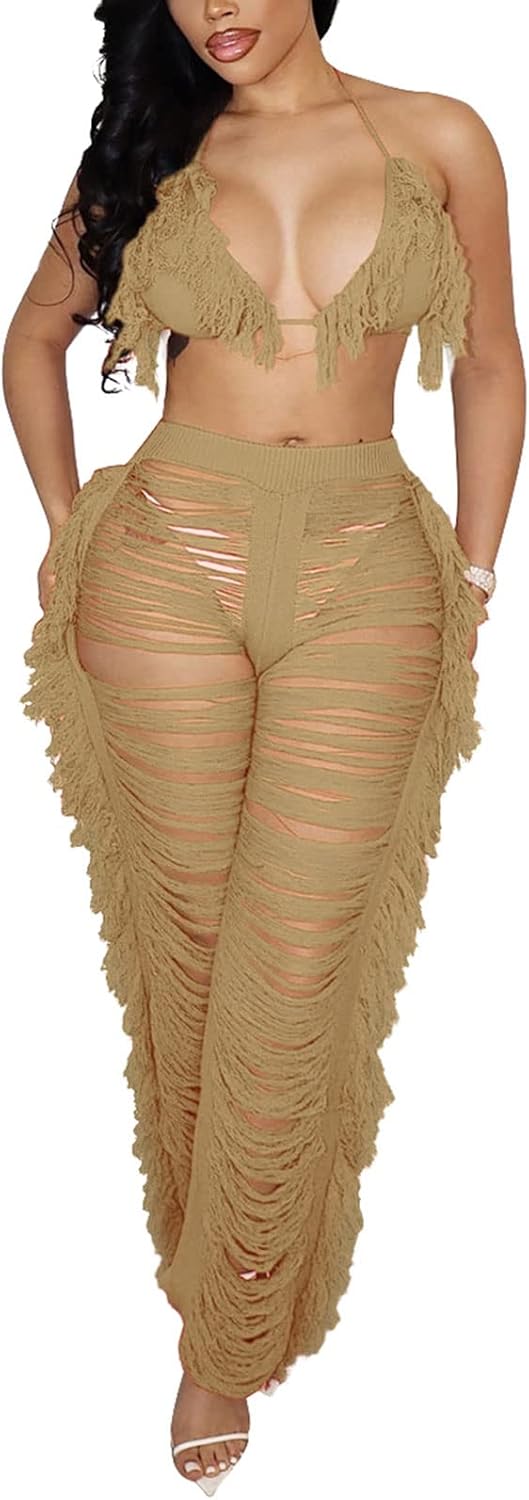 KANSOON Two Piece Sets for Women Sexy Crochet Outfits Halter Top Fringe Pants Summer Party Clubwear