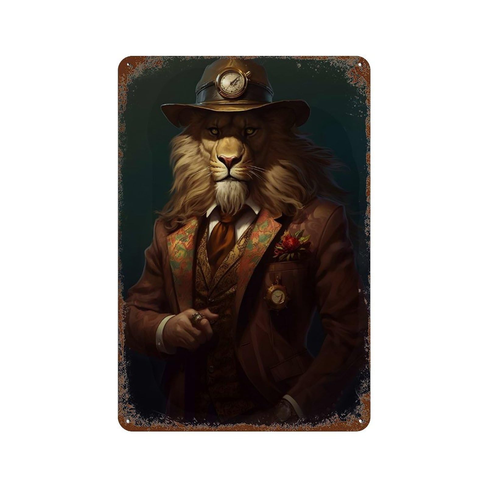 Vintage Metal Tin Sign with Dapper Lion Gentleman with Clockwork Hat Design 11.8"x7.9", for Patio, Garden Room And Bar Decor, Classic Wall Plaque
