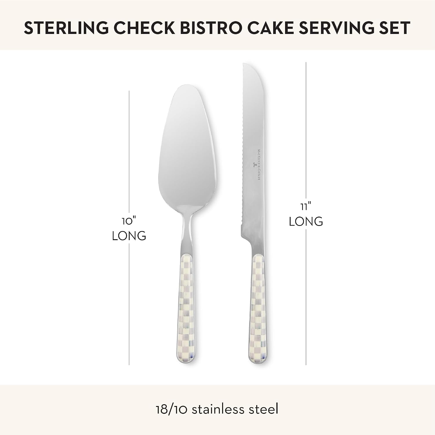 MACKENZIE-CHILDS 2-Piece Bistro Cake Serving Set, Stainless-Steel Cake Spatula and Knife, Gray-and-White Sterling Check