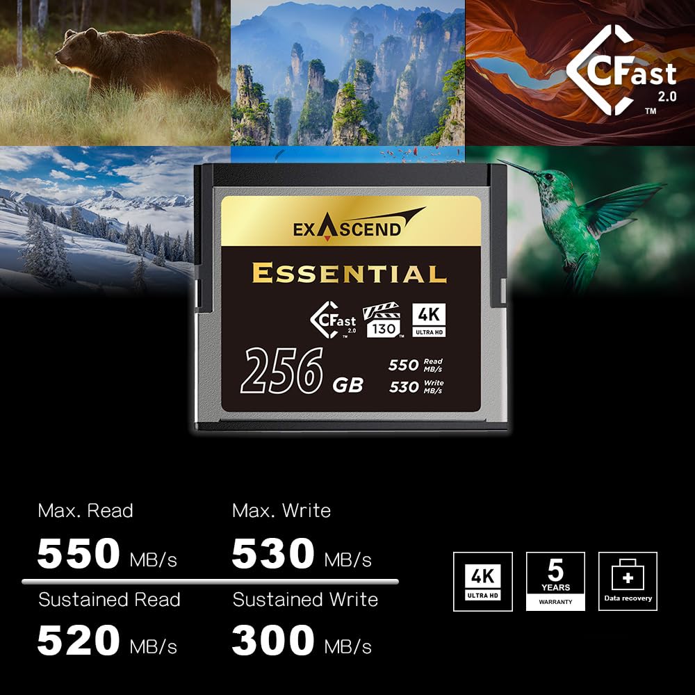 Exascend Essential - Tarjeta de memoria Cfast 2.0 de 256 GB, hasta 520 MB/s de lectura, aprobada para Blackmagic URSA Mini Pro 12K, Canon XC15/C300MKII y más