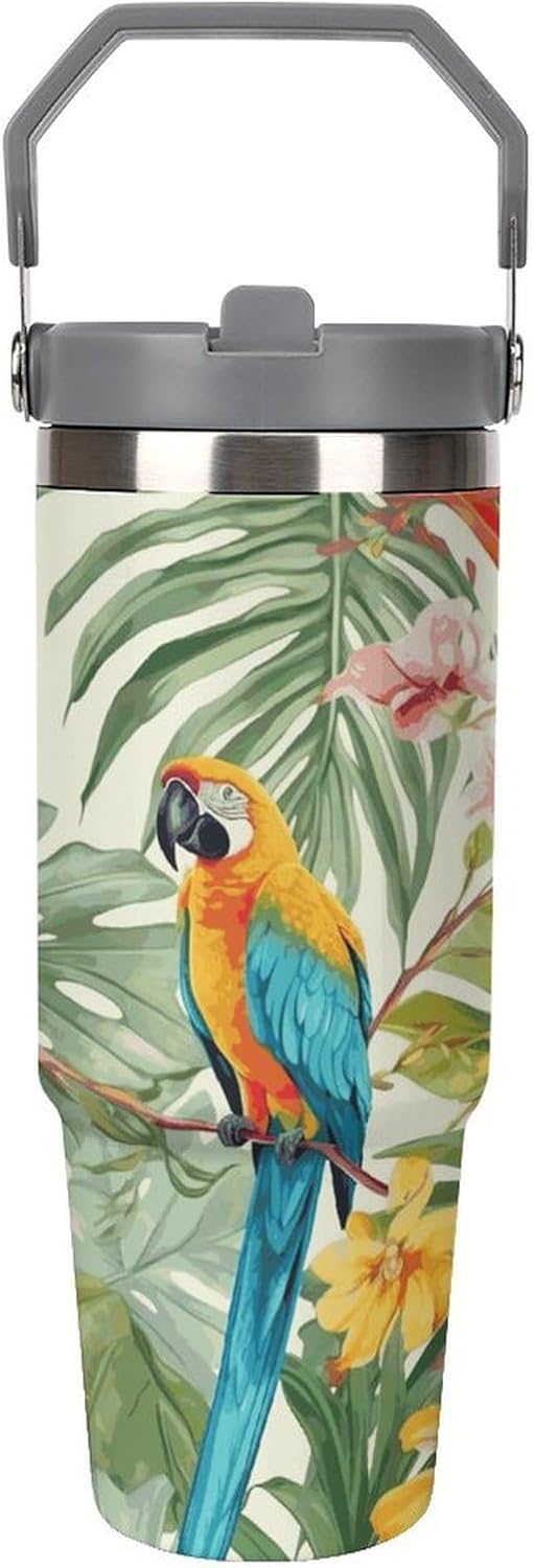 Tropical Plants And Parrots Water Bottle 30 Oz Fits Car Cup Holder,Insulated Coffee Mug Large Capacity Car Cups,Stainless Steel Double Wall Sport Bottle for Travel Sports Gym