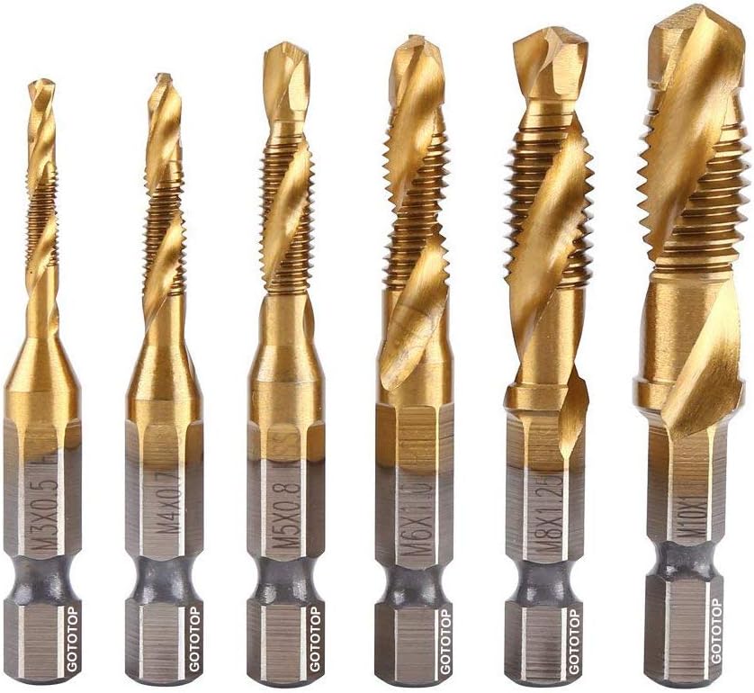 GOTOTOP 6Pcs Metric Thread Tap M3-M10 Titanium Coated Hss Drill And Tap Bits 1 4" Hex Shank Screw Taps Tool Set
