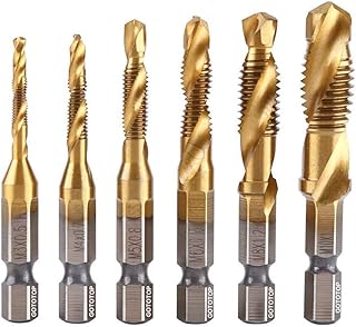 6Pcs M3 M4 M5 M6 M8 M10 Coated HSS Spiral Flute Metric Taps Set Metric Thread Tap Drill and Tap Bits 1/4" Hex Shank Screw Taps Tool Set