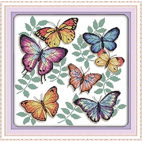 YEESAM ART® New Cross Stitch Kits Advanced - Colorful Butterflies 14 Count 34×33 cm White Canvas - Needlework Christmas Gifts Cover
