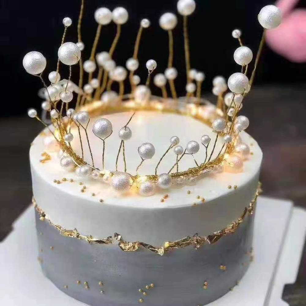 Shiny Handmade Happy Birthday Cake Topper for Girls Women Men, White Artificial Pearl Crown Cake Topper for Wedding Graduation Princess Queen Birthday Party Decorations - 4 x 5.5 Inches