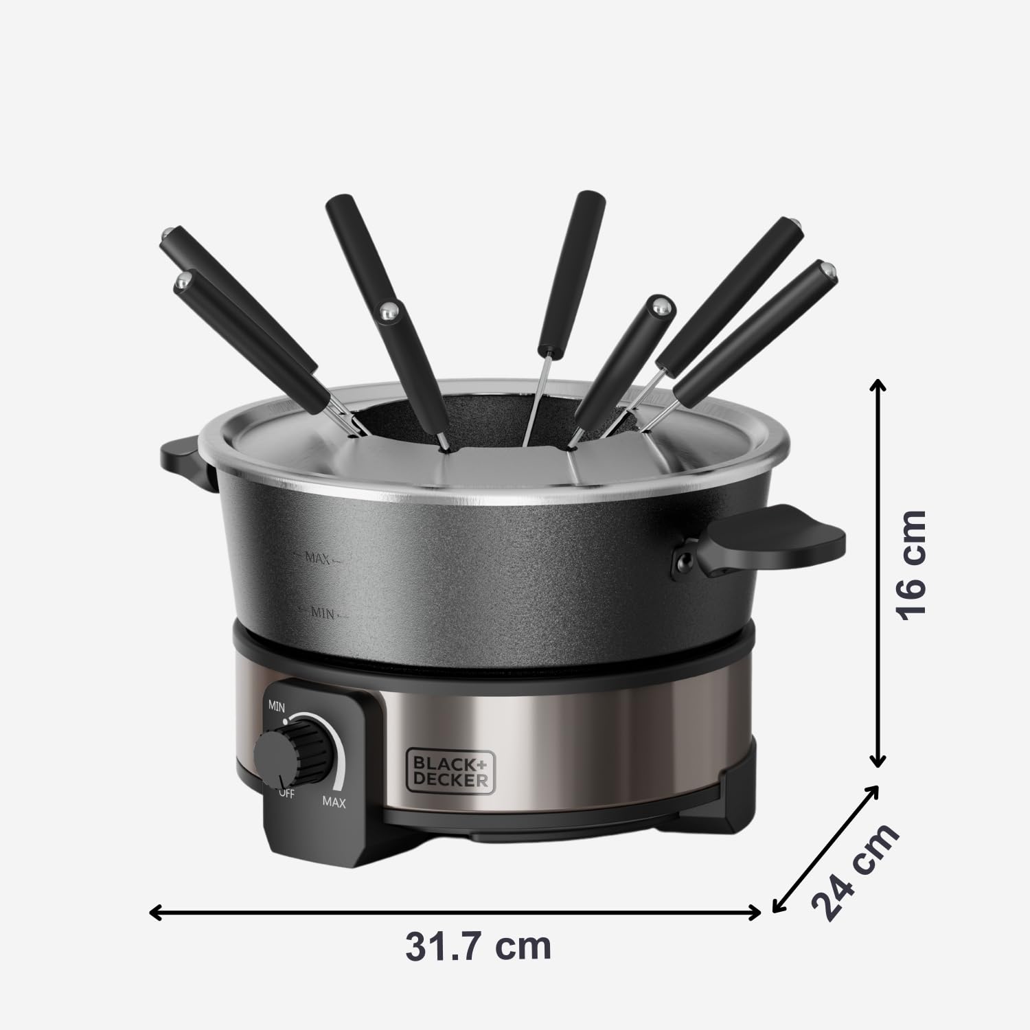 BLACK+DECKER - Fonduegerät 1000 W | 2 L | Temperaturregler bis 200°C | Schokolade, Käse, Brühe & Öl | Antihaft ohne PFOA | 8 Fonduegabeln | Kühler Griff | Spülmaschinenfest