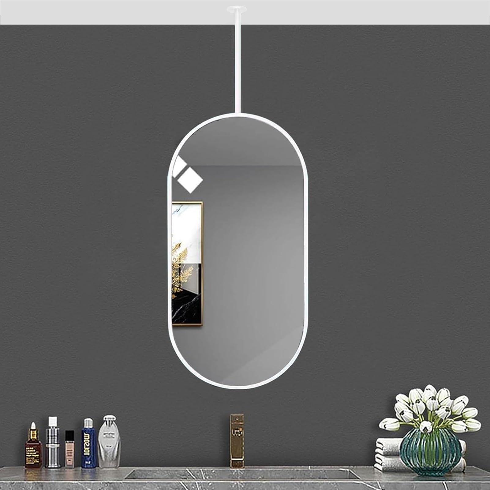 FGXHHS Oval Mirror for Ceiling Hanging/White Mirrors Wall, Decorative Bathroom Washroom Shaving Makeup Mirror, White Mounted - Customizable Boom (Size : 40cmx70cm)