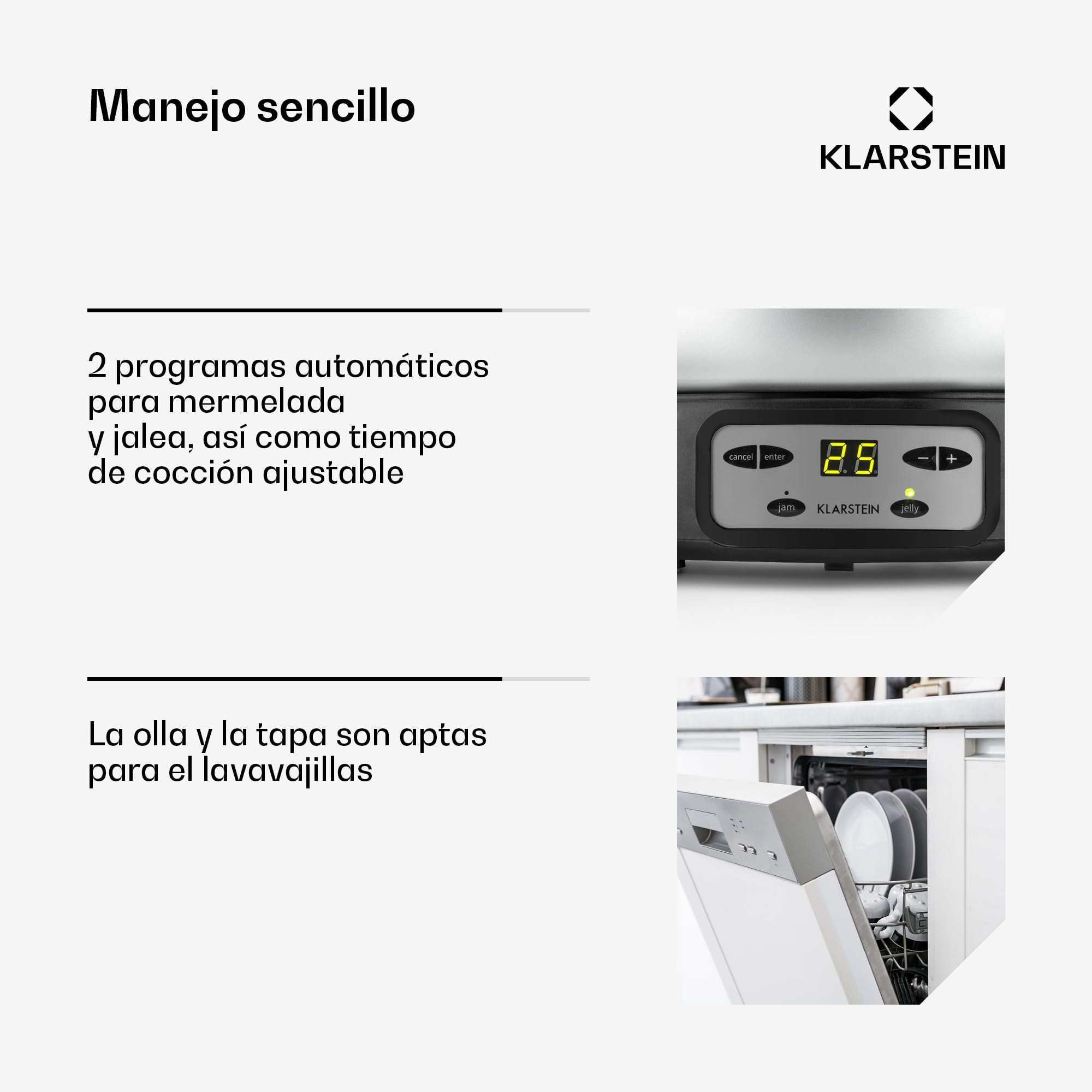Klarstein Jam Session Olla para mermelada y gelatina, 1000W, 2 programas autimáticos, tiempo de cocción programable, mezcladora automática, interior recubierto, apto para lavavajillas, de 3 Litros
