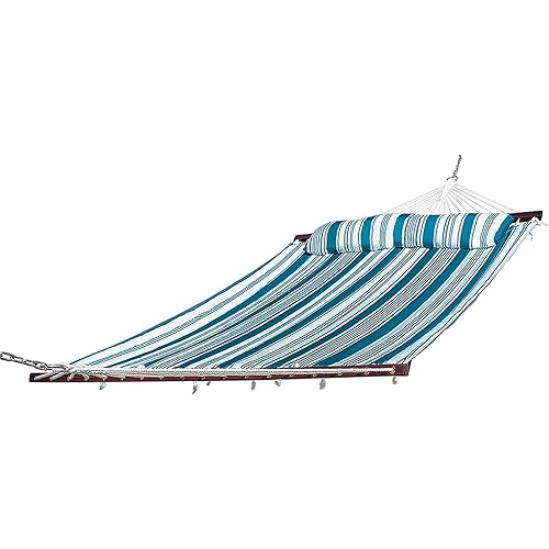 Cool Area Quilted Fabric Double Hammock with Detachable Pillow and Spreader Bars 2 People Heavy Duty 475lbs Capacity,Green & White Strip