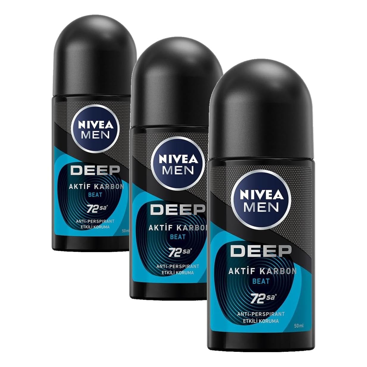 NIVEA Men Erkek Roll-on Deodorant Deep Dimension Beat 50ml, 72 Saat Anti-perspirant Ter Koruması (3 paketi)