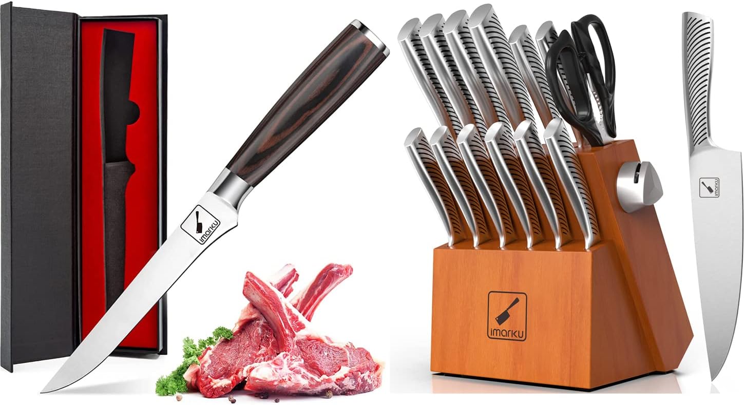imarku Boning Knife and Block Knife Set with Built-in Sharpener, 6-Inch Professional Boning knife German High Carbon Stainless Steel, 14-Piece High Carbon Stainless Steel Dishwasher Safe Knife Set