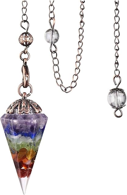 CrystalTears 7 Chakra Reiki Healing Crystal Pendulum Vintage Hexagonal Natural Gemstone Crystal Point Pendant Pendulum for Dowsing Scrying Divination Meditation Wicca
