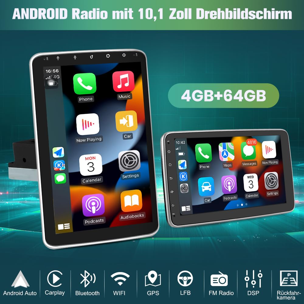 Junsun Android universal Autoradio 4GB+64GB 10.1 Zoll Touchsreen,Android 13 CarPlay, Android Auto, FM Radio, Bluetooth, WLAN, Navigtion, Lenkradsteuerung