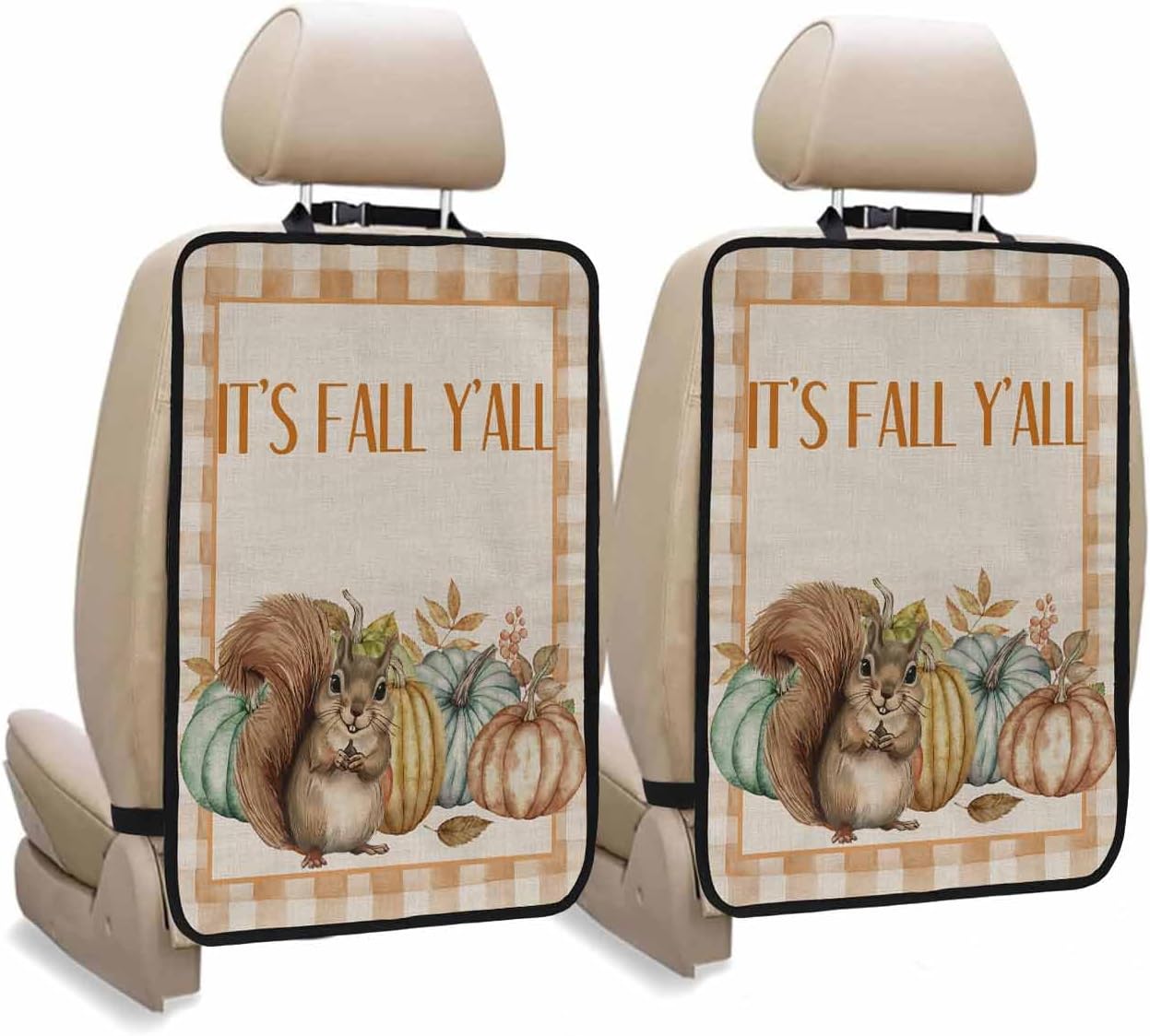 Car Seat Protector, 2 Pack Kick Mats Back Seat Protector Fall Thanksgiving Cute Squirrel Nut Pumpkin Buffalo Plaid Waterproof Backseat Cover for Kids Universal Fit Automotive Interior Protectors