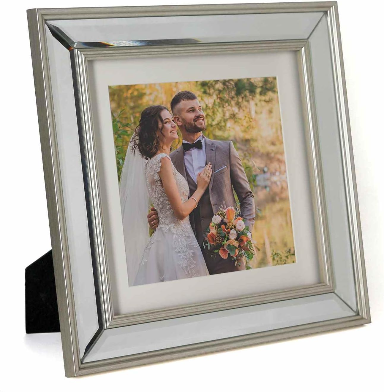 10x10 Mat 8x8 Beveled Clear Mirror Silver Arc edge Photo Frame-Organic Glass Black Velvet Back Panel for Family,Wedding,Festival,Art,Wall,Tabletop,Decoration and Display.
