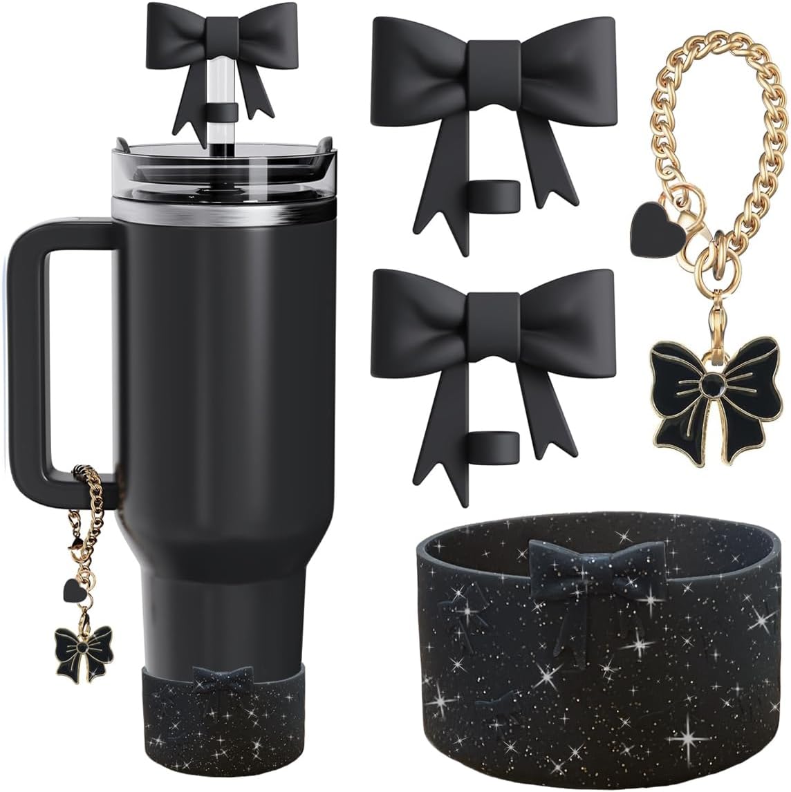 Accessories Set for Stanley Cup,2Pcs Bow Straw Cover Caps Straw Toppers,1Pcs Cute Bow and Heart Handle Charm and 1Pcs Bow Bling Silicone Boot for Stanley 30&40oz Tumbler (Black)