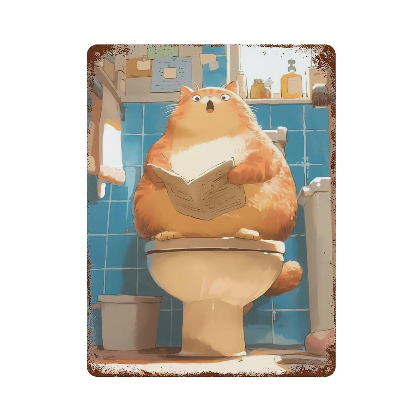 Garage Style Toilet Cat Fun Aged Metal Wall Plaque 15.7"x11.8", Farmhouse Wall Decor for Bar And Workshop