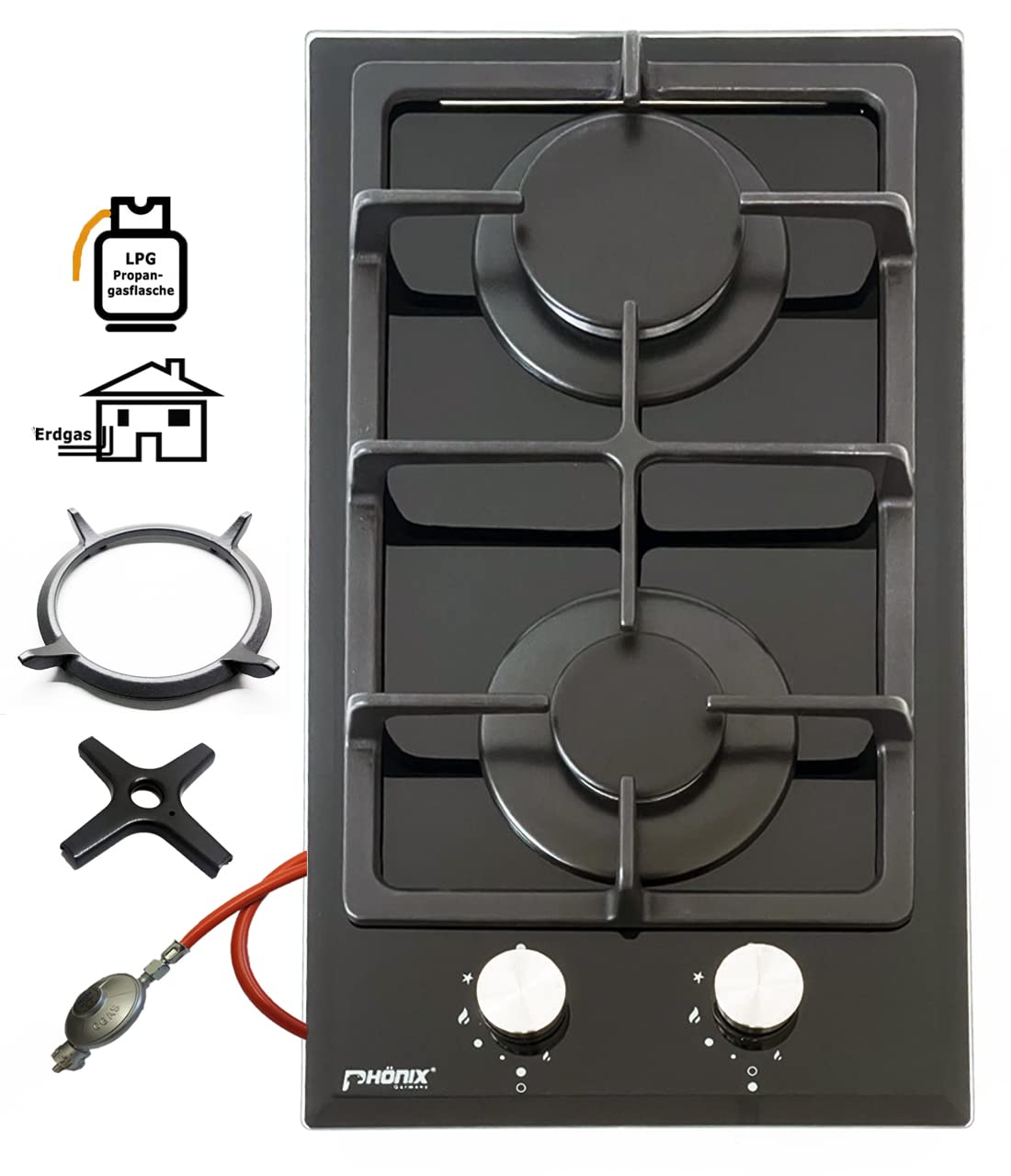 Encimera De Gas Domino-112GBT Con Soporte De Fundición - 2 Fogones, Incluye Wok, Encendido A Pilas, Para Gas Propano O Natural