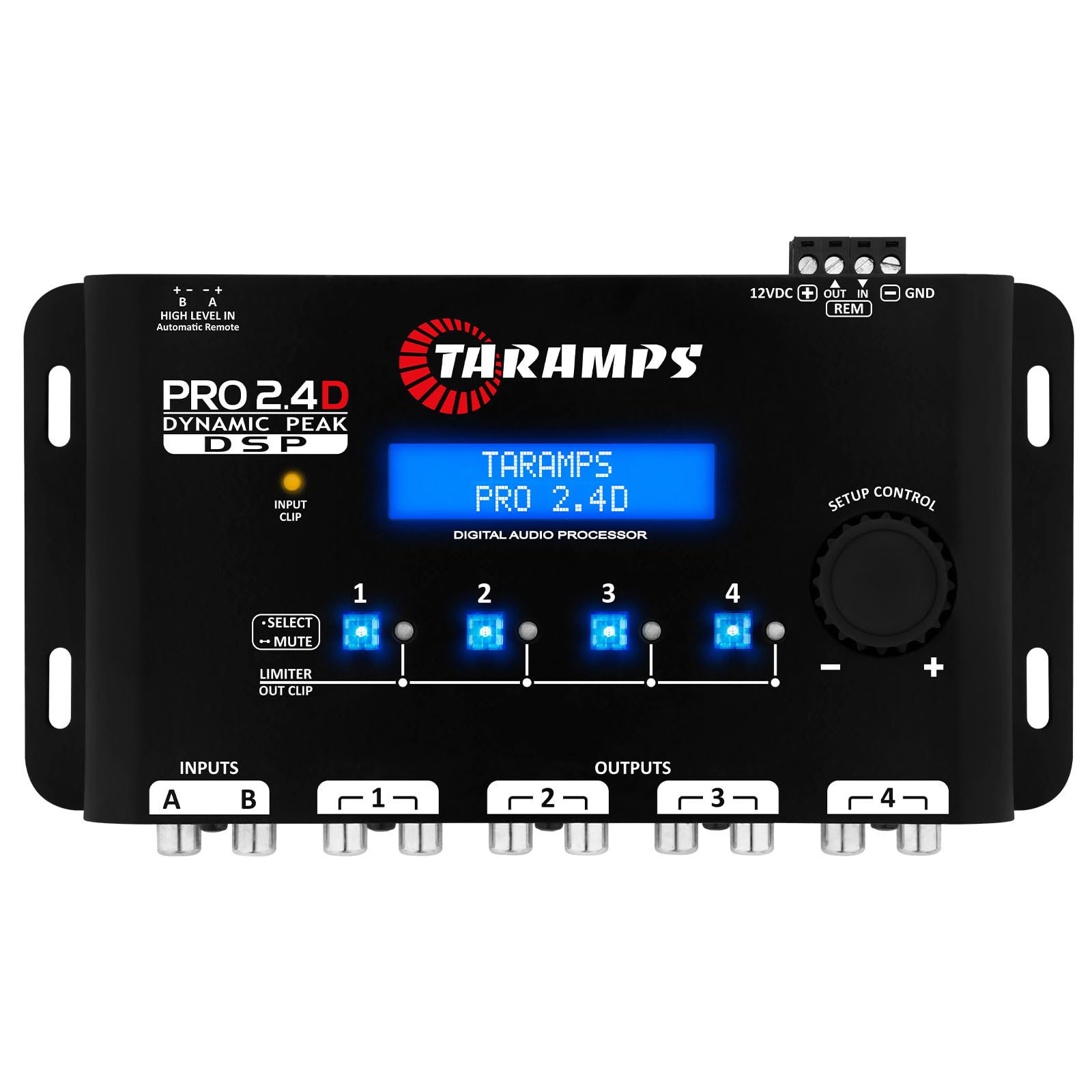 Taramps Pro 2.4D Dynamic Peak DSP Crossover Full Digital Signal Car Audio Processor and Equalizer, RCA and High Level Input, 4-Channel Out, 5-Band Input, Eq 12 preset, Peak and RMS Limiter Function
