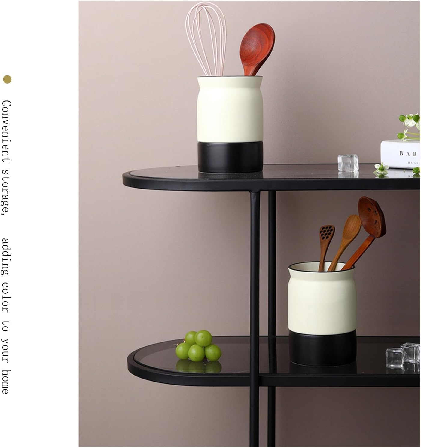 Kitchen Small Utensil Holder - Farmhouse Utensil Holder for Countertop - Ceramic Utensil Crock with Draining - Fork & Spoon Organizer | Kitchen Decor & Gift, Small Flower Pot (Cream White)