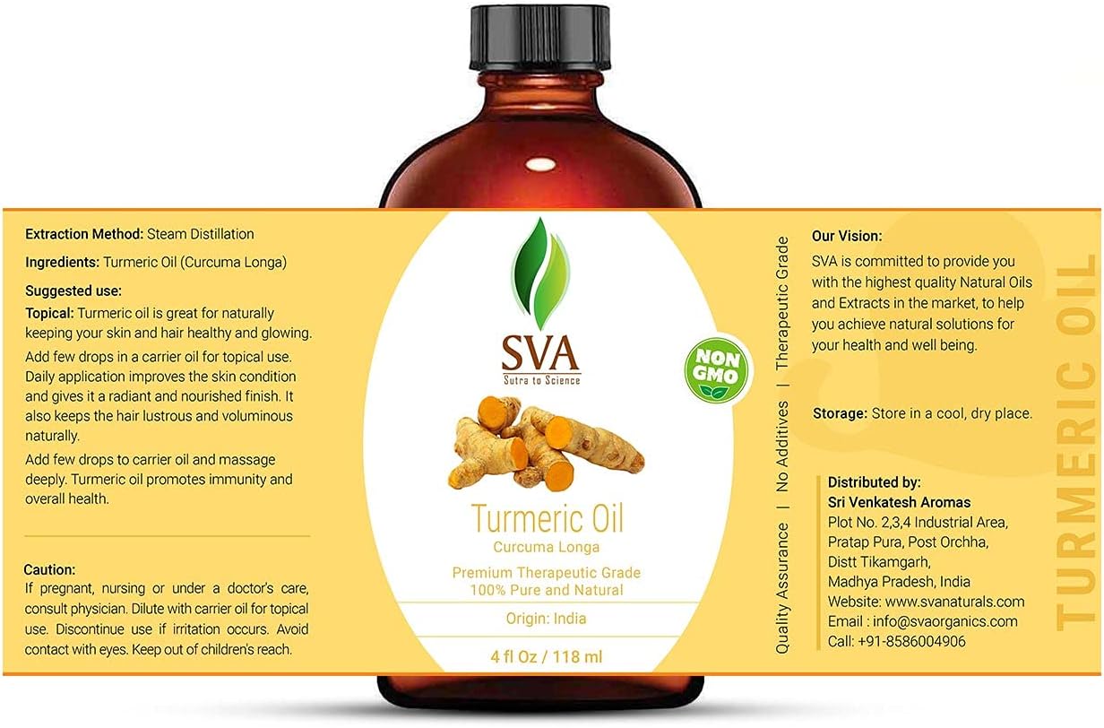 Turmeric Essential Oil | Very Strong Aroma | 4 OZ (118 ML) Therapeutic Grade 100% Pure and Natural by SVA ORGANICS | for AYURVEDIC Massage and Relaxation, Aromatherapy, Skincare.