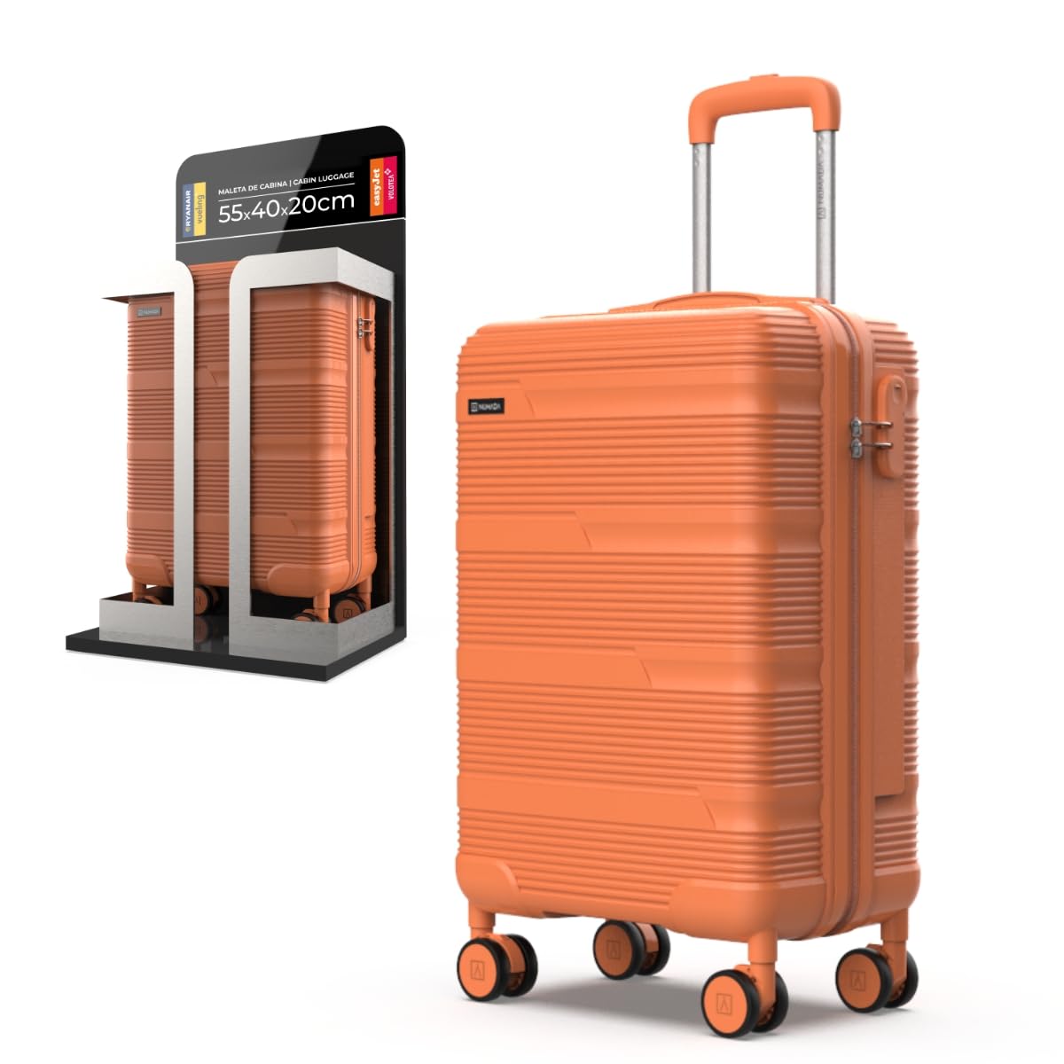 NUMADA - Maleta de Viaje Cabina 55x40x20cm (38,​4L) Upfly T10 XS Apta para Ryanair con Cierre de Combinación y 4 Ruedas. Maleta de Mano Rígida Resistente, Ligera con Interior Compartimentado | Naranja
