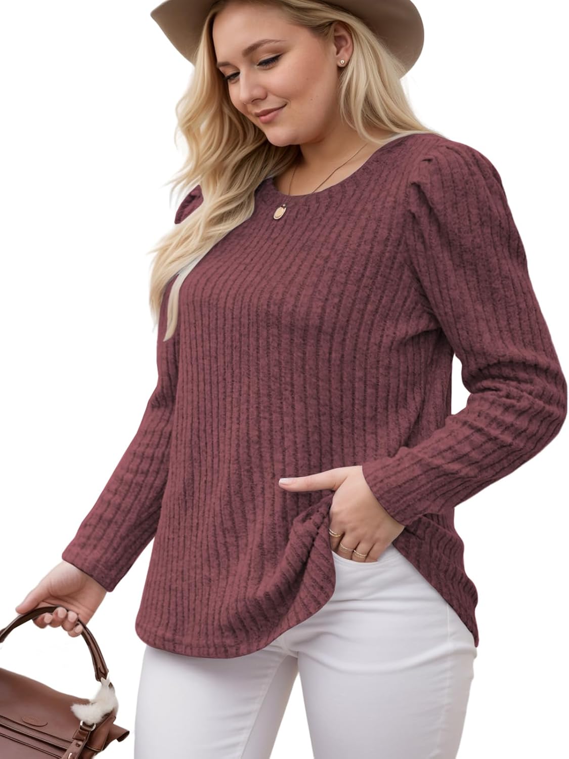 ROSRISS Womens Plus-Size Tops Crewneck Puff Long Sleeve Shirts Dressy Ribbed Knit Tunics Elegant Pullover Sweaters XL-5XL - Image 2