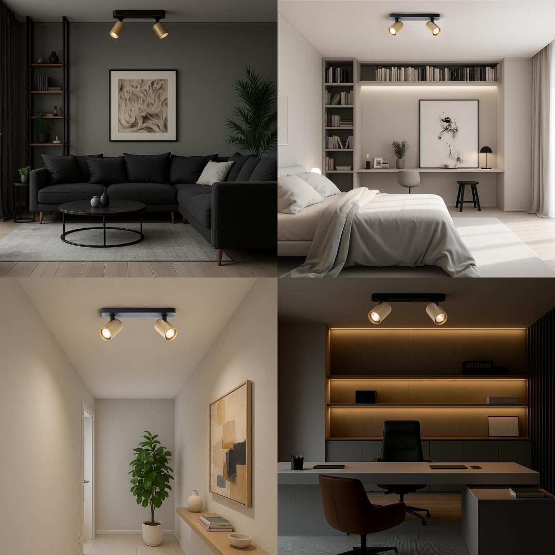 Brilliant Marty LED Deckenstrahler, 2-flammig, schwenkbare Spots mit GU10-Fassung, dimmbar, warmweißes Licht, 2 × 345 Lumen, sand-schwarz/matt-gold – ideal für Wohnzimmer und Flur.