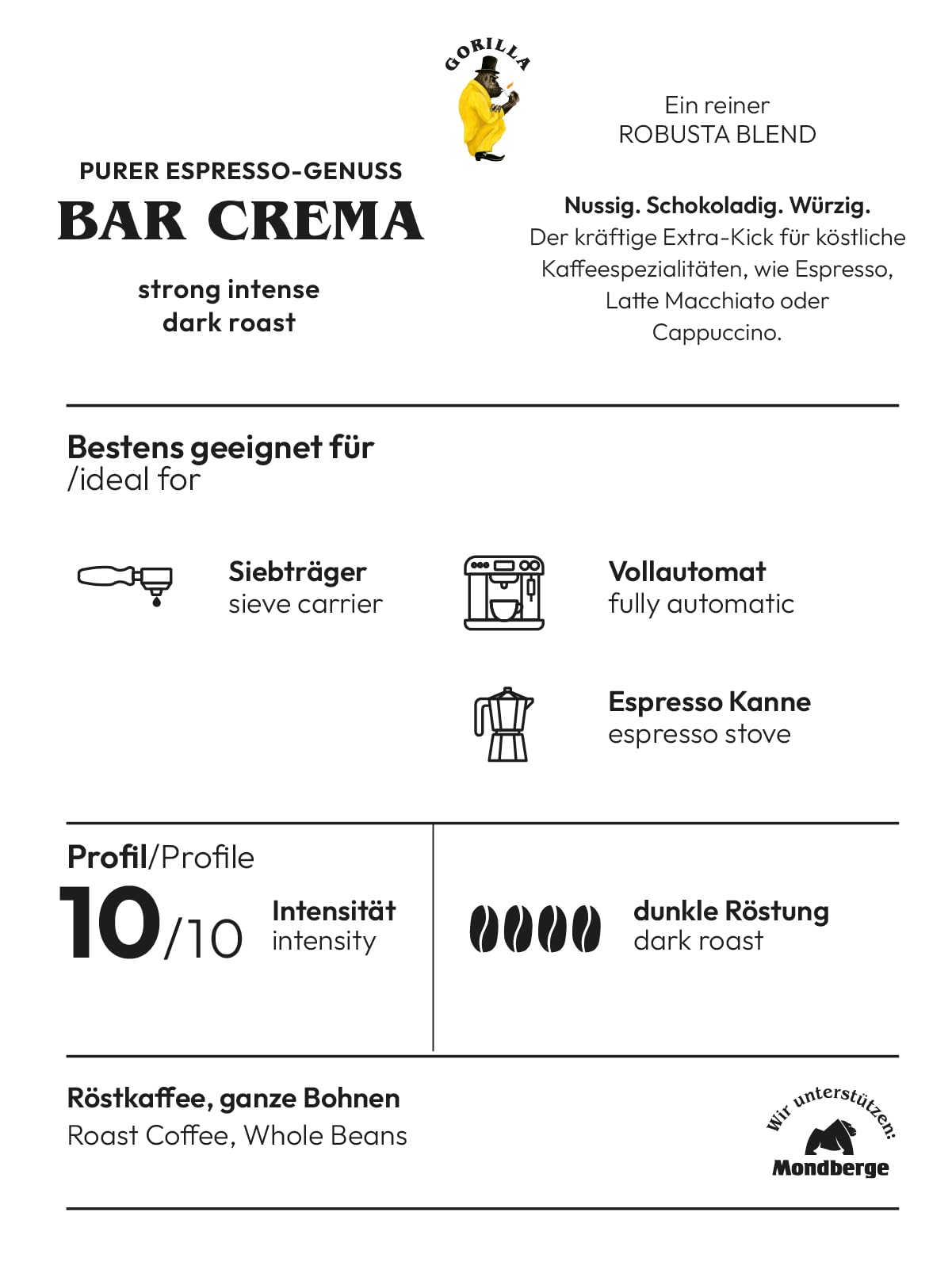 Joerges Kaffee ganze Bohnen Espresso Gorilla Bar Crema, 1 kg