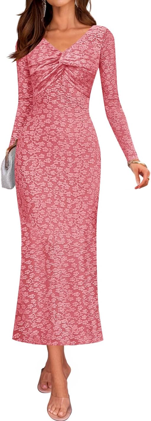ZESICA Women's Fall Floral Long Sleeve Bodycon Dress 2026 Elegant V Neck Cocktail Party Long Midi Dresses