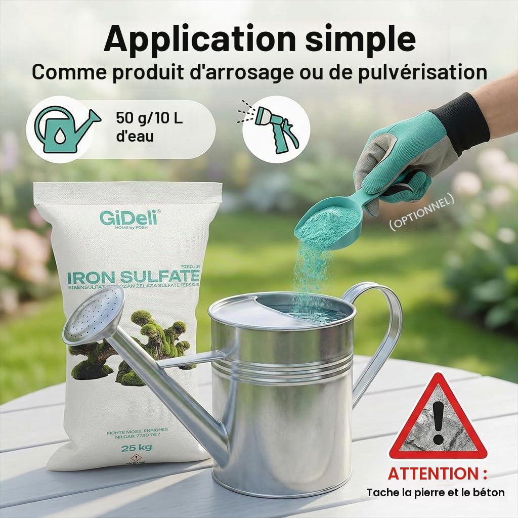 GiDeli Sulfate de Fer 10kg in Eimer - Poudre Anti Mousse Abaisser le pH du sol - Améliorer l'aspect et la Couleur du Jardin. - Favorise le développement des plantes acidophiles