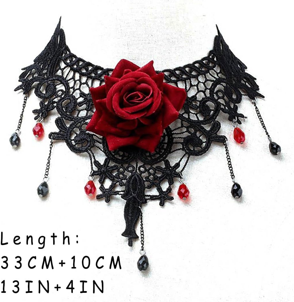 Vinzar Gothic Necklace Rose Choker Necklace Lace Necklace Tassels Bead Collar Necklace for Halloween Coustume Party Prom - Image 7