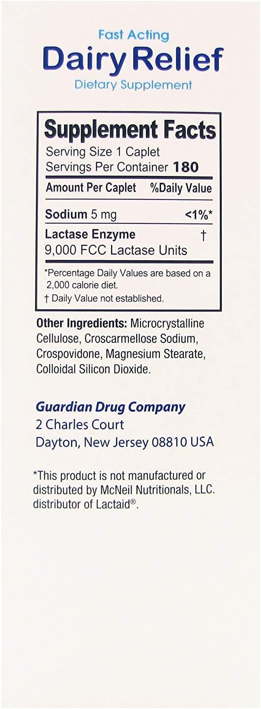 guardian Dairy Relief Fast Acting Lactase, 180 Caplets, 9000 FCC Maximum Strength, Lactose Intolerance Pills, Lactase Enzyme (180 CT)