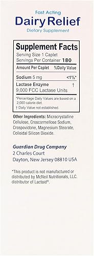 Miniatura 6 de Guardian Lactasa de acción rápida de alivio lácteo, 180 comprimidos, 9000 FCC máxima fuerza, píldoras de intolerancia a la lactosa, enzima lactasa