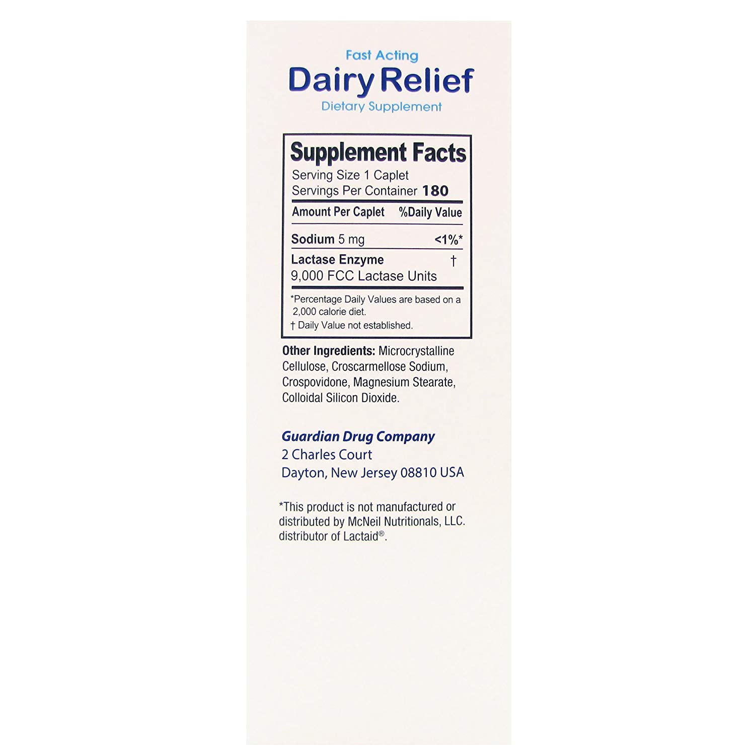 guardian Dairy Relief Fast Acting Lactase, 180 Caplets, 9000 FCC Maximum Strength, Lactose Intolerance Pills, Lactase Enzyme (180 CT) — Amazon image 6