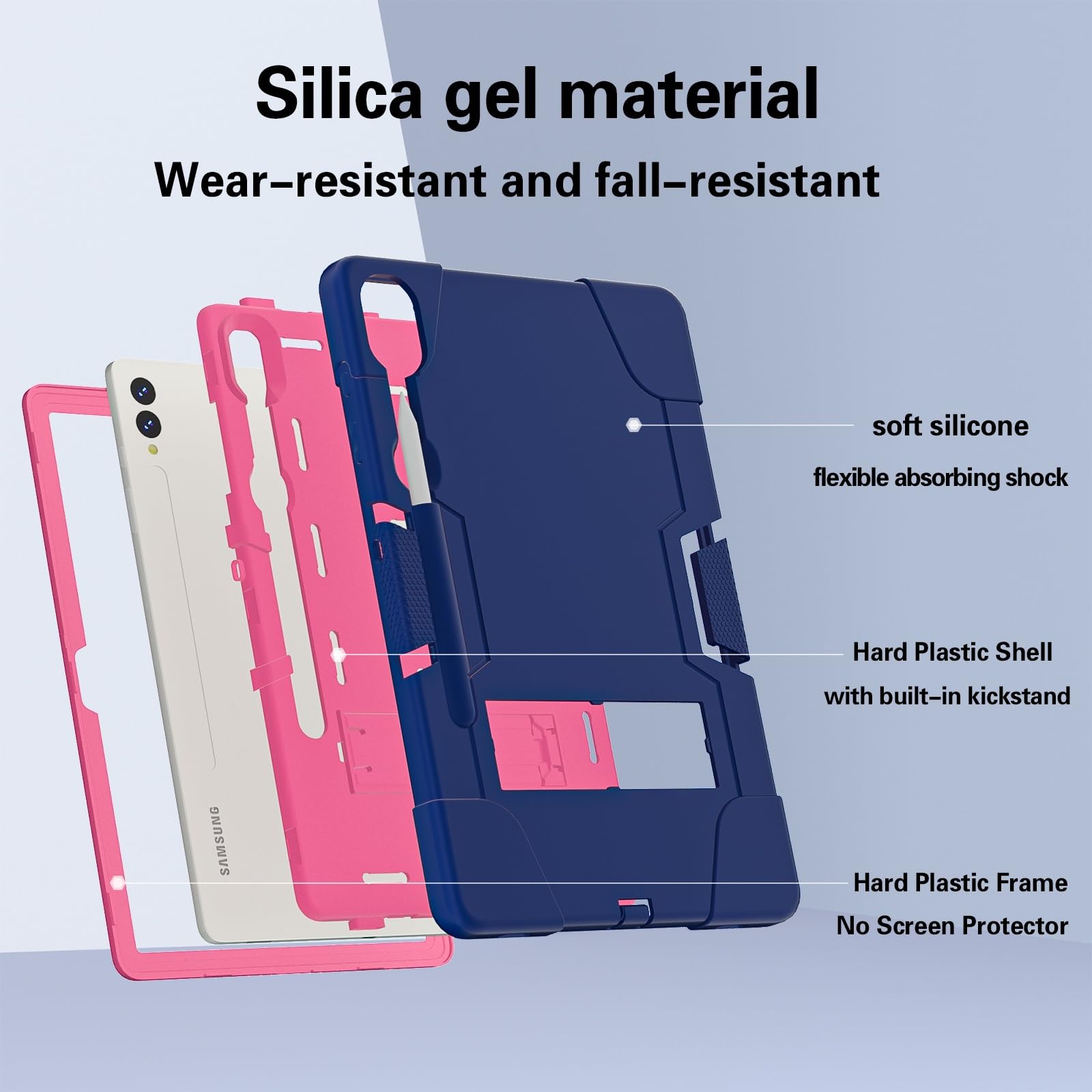 Etui do Samsung Galaxy Tab S9 Plus/Tab FE Plus SM-X810/X818U 31.5 cm (2023), silikonowe etui na tablet z podpórką, wytrzymałe, odporne na wstrząsy, wytrzymałe etui ochronne (granatowe + różowe