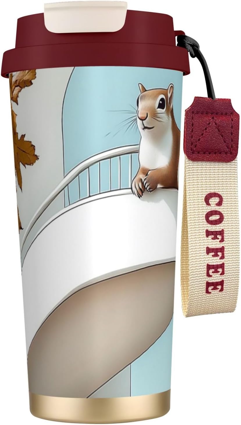 Unique Customized Coffee Mug - Insulated Stainless Steel Tumbler for Travel, Home & Office - 17 oz Squirrels on the Roof Red