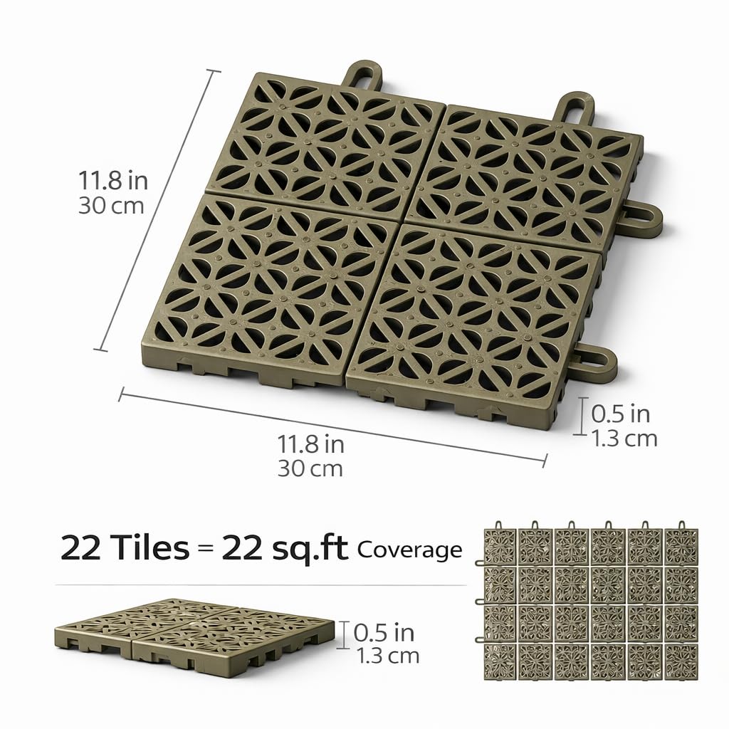 Multiflex Lot de 22 dalles de terrasse emboîtables en plastique 30,5 x 30,5 cm, drainage rapide, installation facile, ne se déforme pas, revêtement de sol pour balcon, jardin, fabriqué en